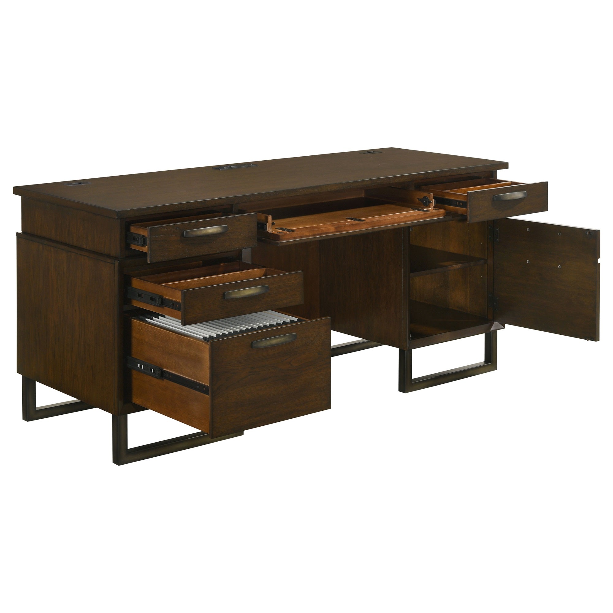 5-drawer Wood Credenza Desk Dark Walnut and Gunmetal S23542