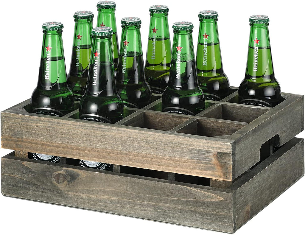 Wooden Crate Drink Carrier, Gray Wood 12 Bottle Holder Storage Crate with Handles, Pack of 2 N1136