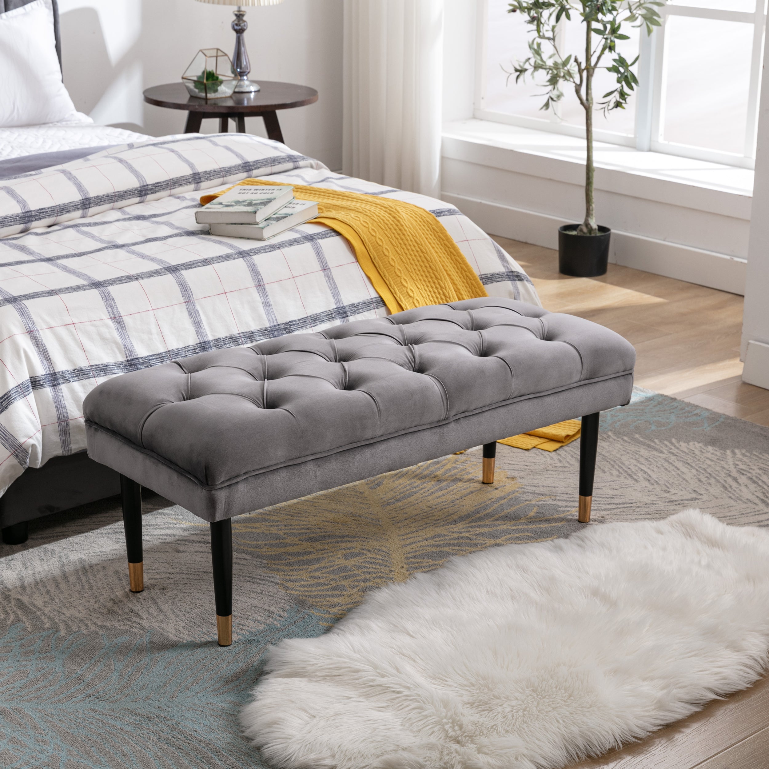 Gray Velvet Upholstered Ottoman Bench R712676