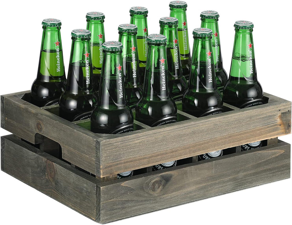 Wooden Crate Drink Carrier, Gray Wood 12 Bottle Holder Storage Crate with Handles, Pack of 2 N1136