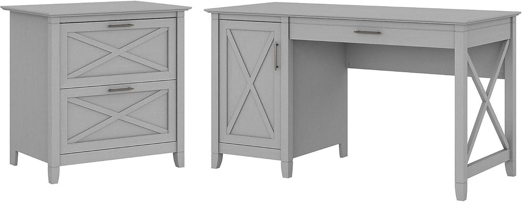 54W Linen White Oak Computer Desk with Storage and 2 Drawer Lateral File Cabinet S22738