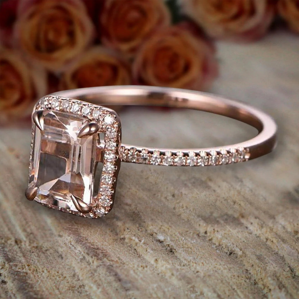 1.75 Carat Peach Pink Morganite Diamond Moissanite Halo Engagement Ring with 18k Gold Plating B230