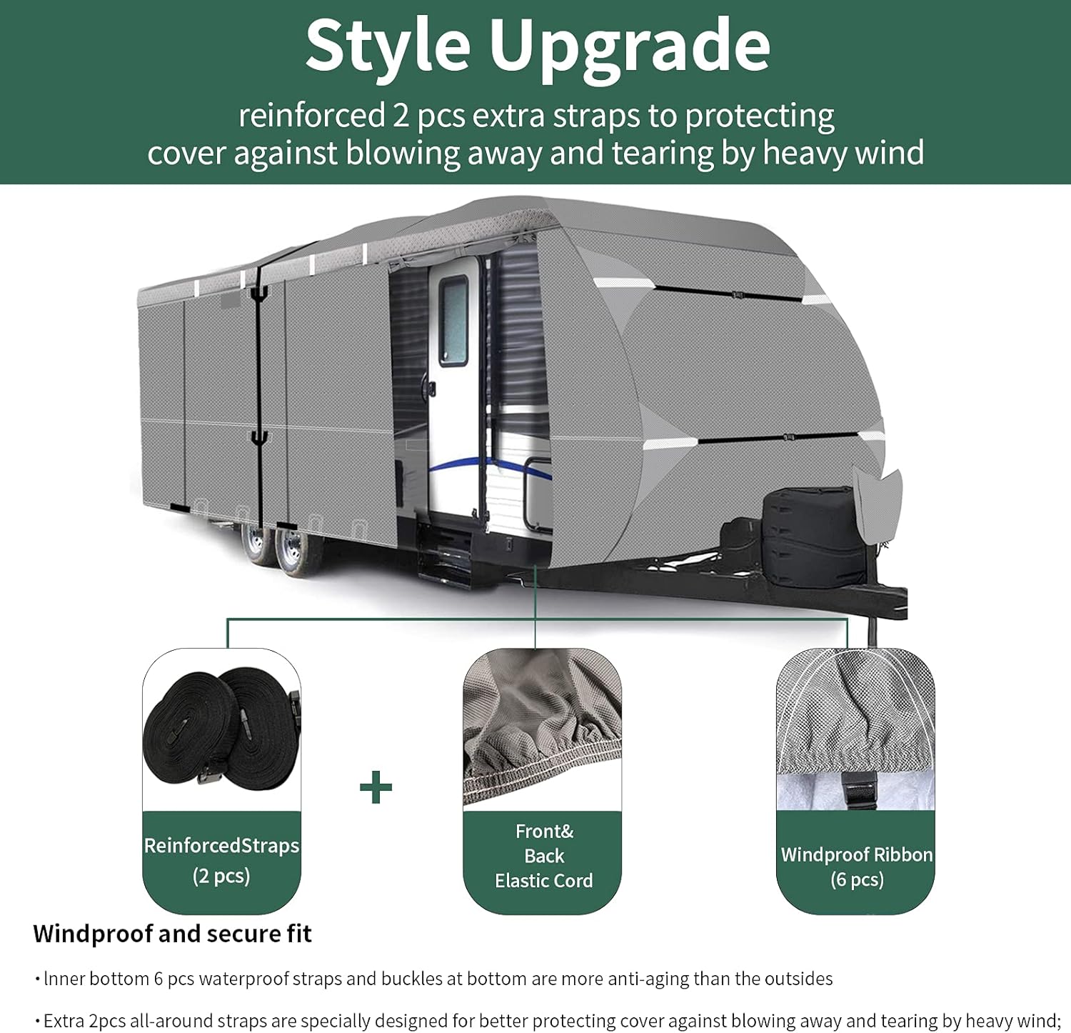 RV Cover 27ft - 30ft Waterproof Tear-Proof Camper Cover with 6 Rain Gutter Spout Protectors O90329