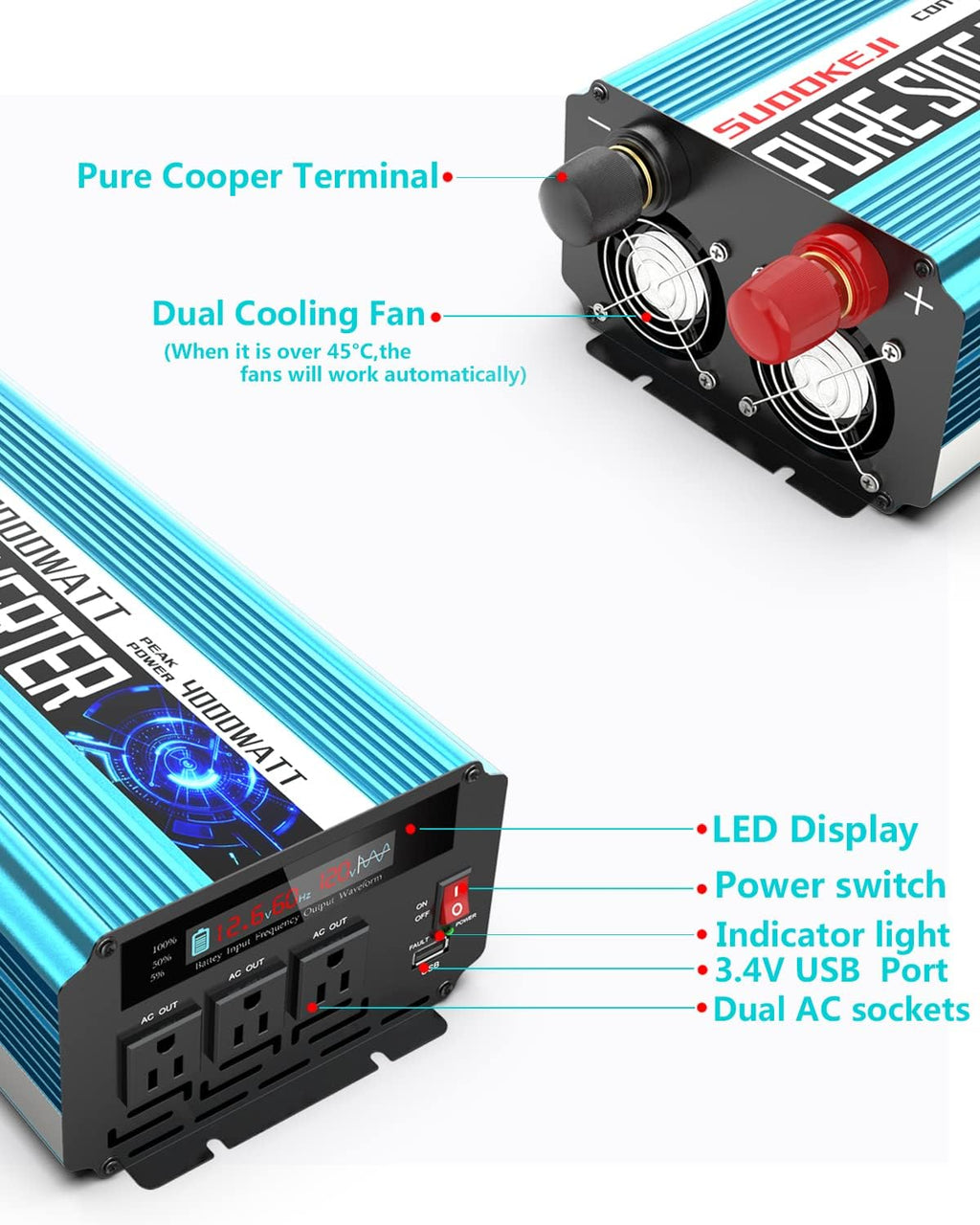 2000W Pure Sine Wave Power Inverter 12V DC to AC 110V/120V Converter with LCD Display Y867242