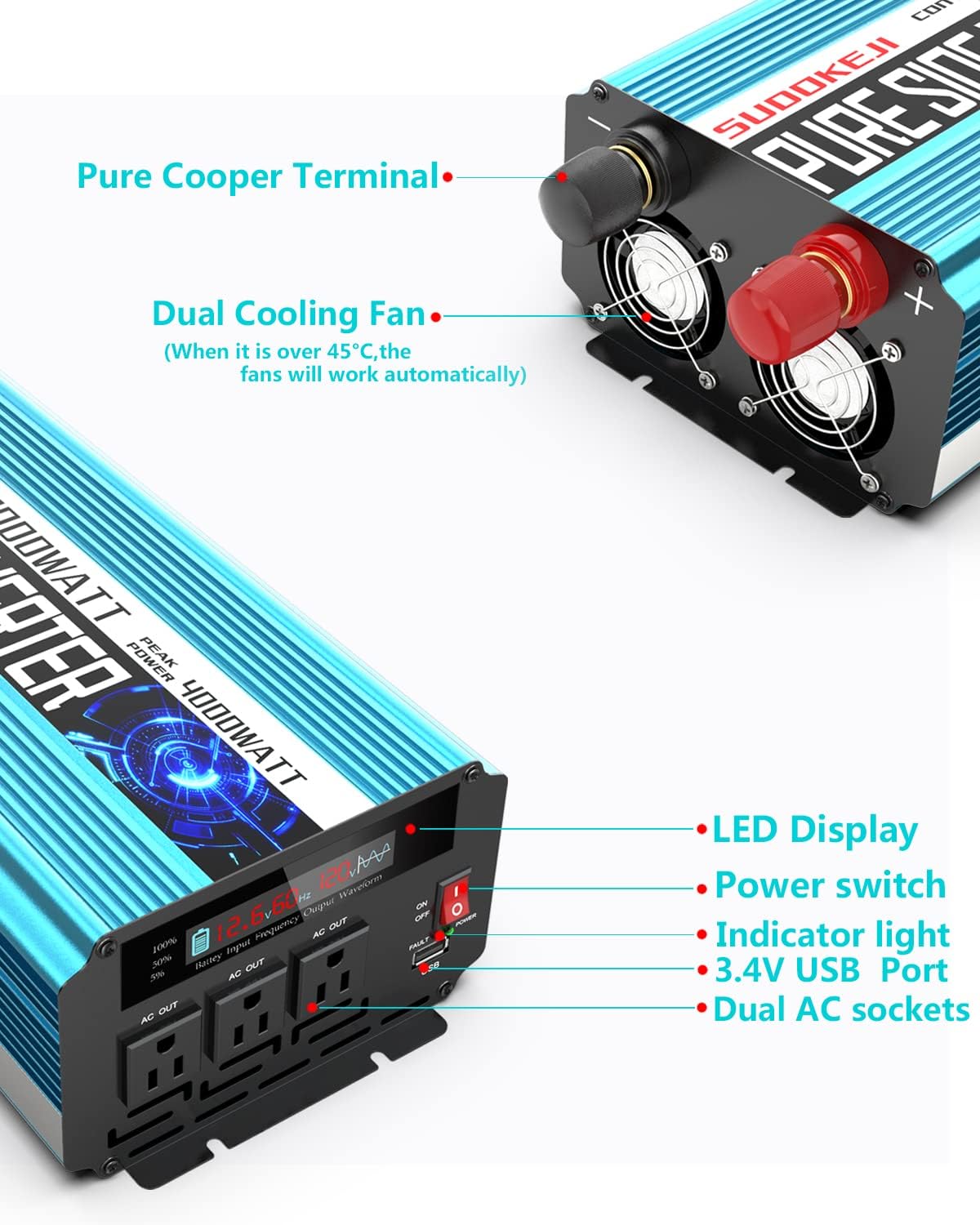2000W Pure Sine Wave Power Inverter 12V DC to AC 110V/120V Converter with LCD Display Y867242
