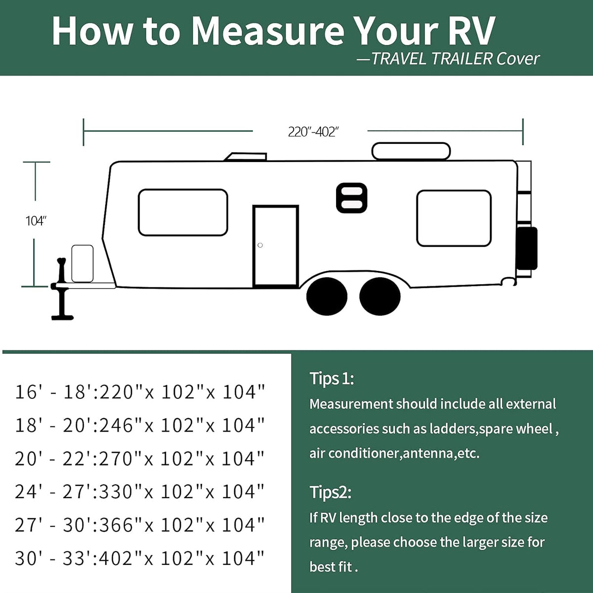 RV Cover 27ft - 30ft Waterproof Tear-Proof Camper Cover with 6 Rain Gutter Spout Protectors O90329
