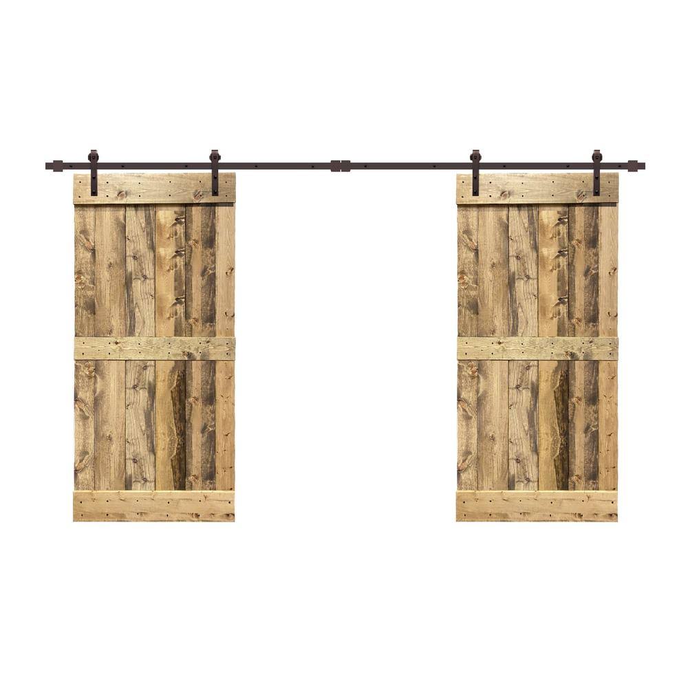 48 in. x 84 in. Weather Oak Stained Solid Pine Wood Interior Double Sliding Barn Door with Hardware Kit G2101