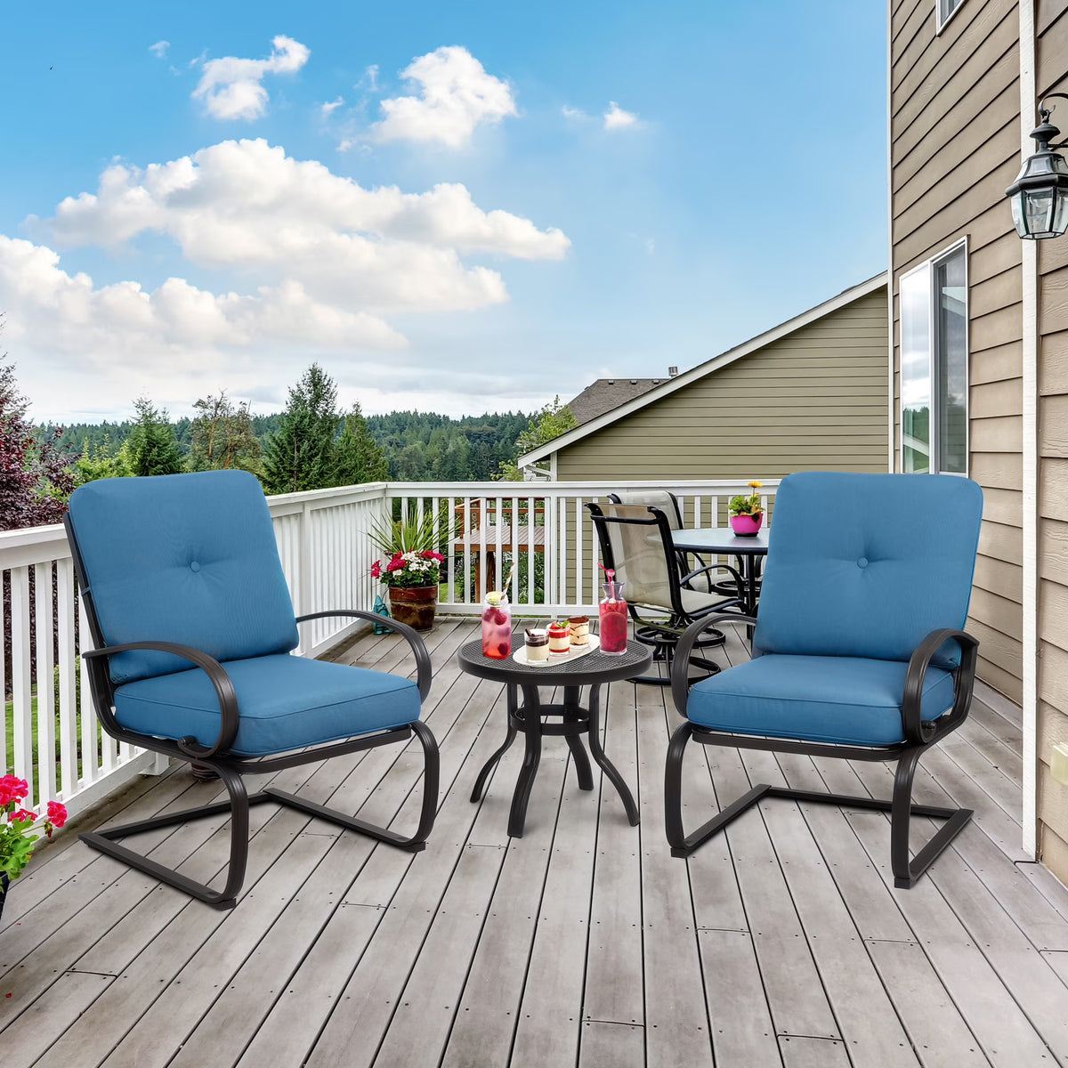 Blue 3-Piece Bistro Set with Cushions & Metal Frame T54165