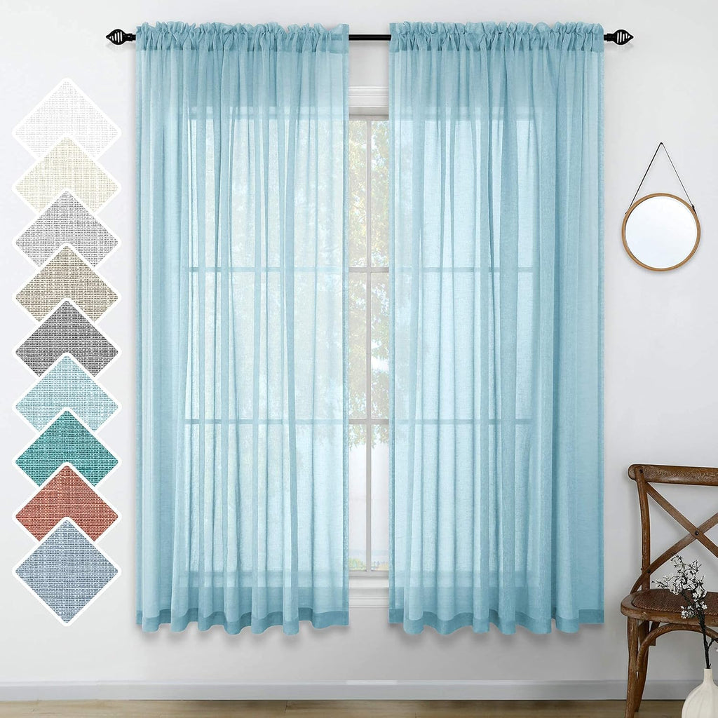 Navy Blue Semi Sheer Faux Linen Rod Pocket Curtains 84 Inch Set of 2 Panels J573360