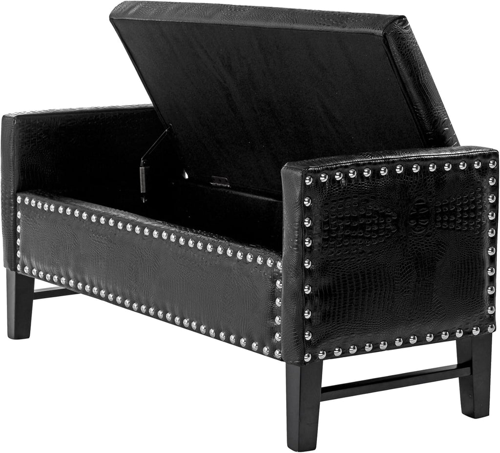 Black Croc PU Leather Button Tufted Storage Bench G548