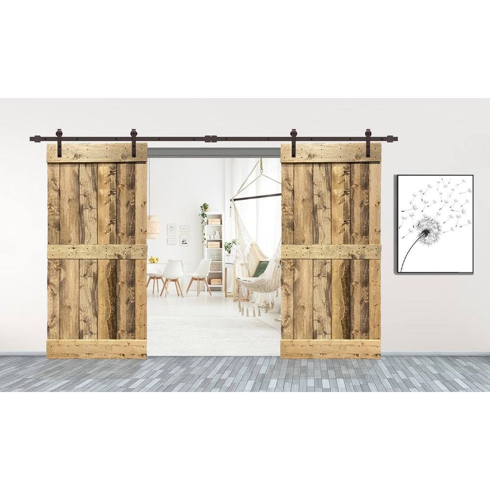 48 in. x 84 in. Weather Oak Stained Solid Pine Wood Interior Double Sliding Barn Door with Hardware Kit G2101