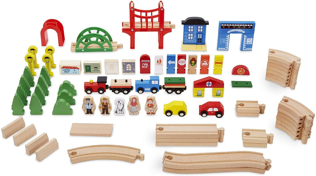 Deluxe Over 80 Piece Hand Painted Wooden Train Table Set with Tracks, Trains & Accessories E75051