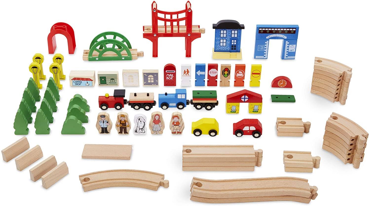 Deluxe Over 80 Piece Hand Painted Wooden Train Table Set with Tracks, Trains & Accessories E75051