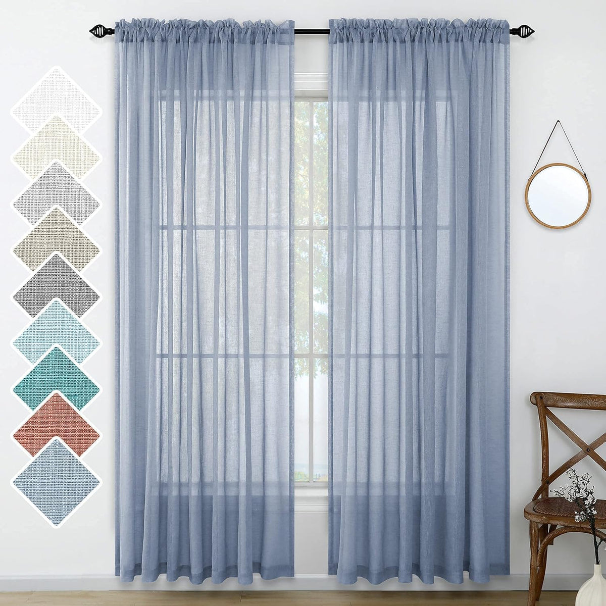 Navy Blue Semi Sheer Faux Linen Rod Pocket Curtains 84 Inch Set of 2 Panels J573360