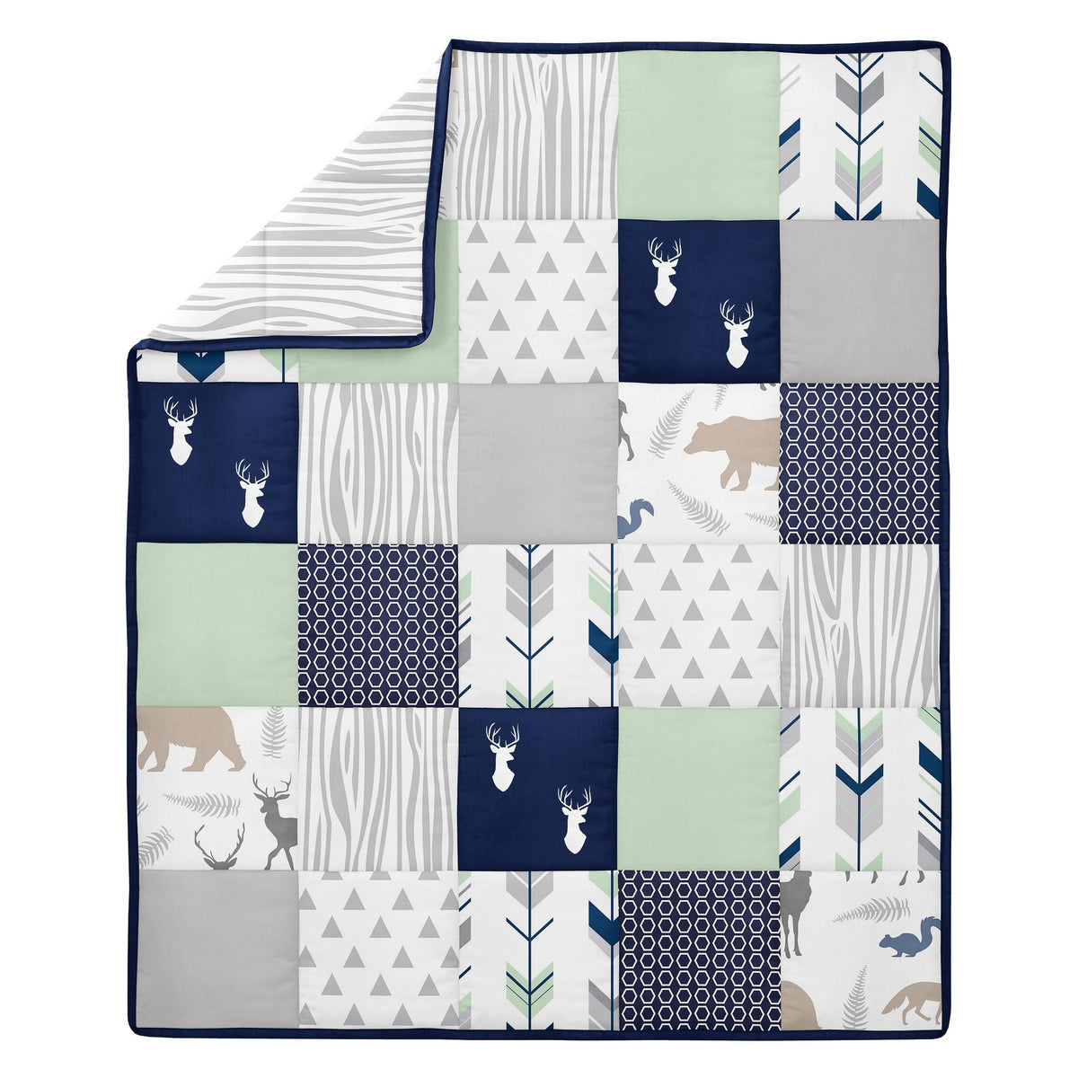 Navy Blue Mint and Grey 5 Pieces Crib Bedding Set I30225