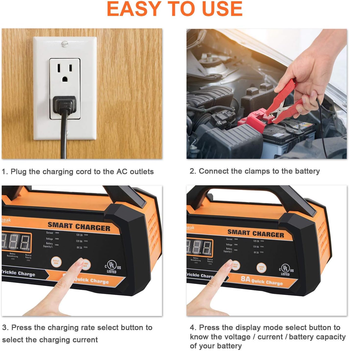 6V 12V Smart Car Battery Charger and Maintainer 2A 8A with Cable Clamps H2641