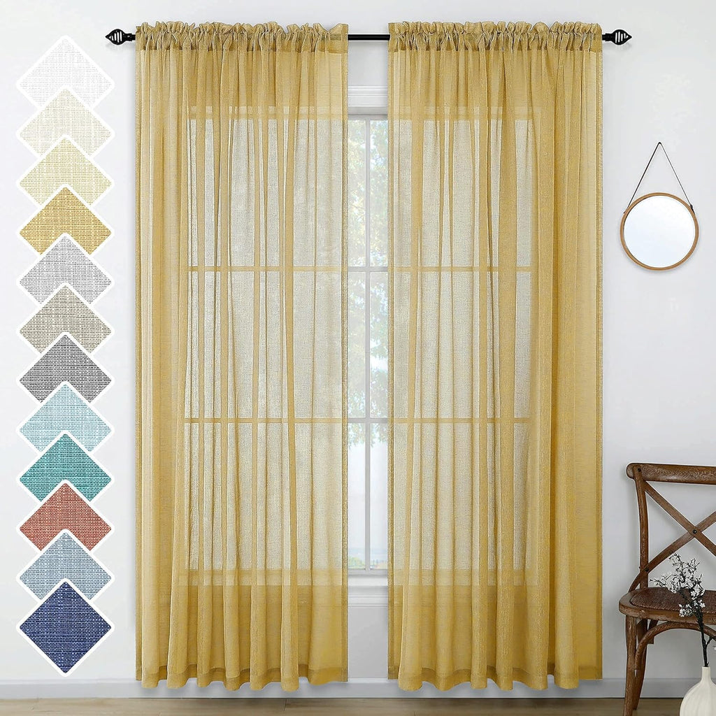 Navy Blue Semi Sheer Faux Linen Rod Pocket Curtains 84 Inch Set of 2 Panels J573360