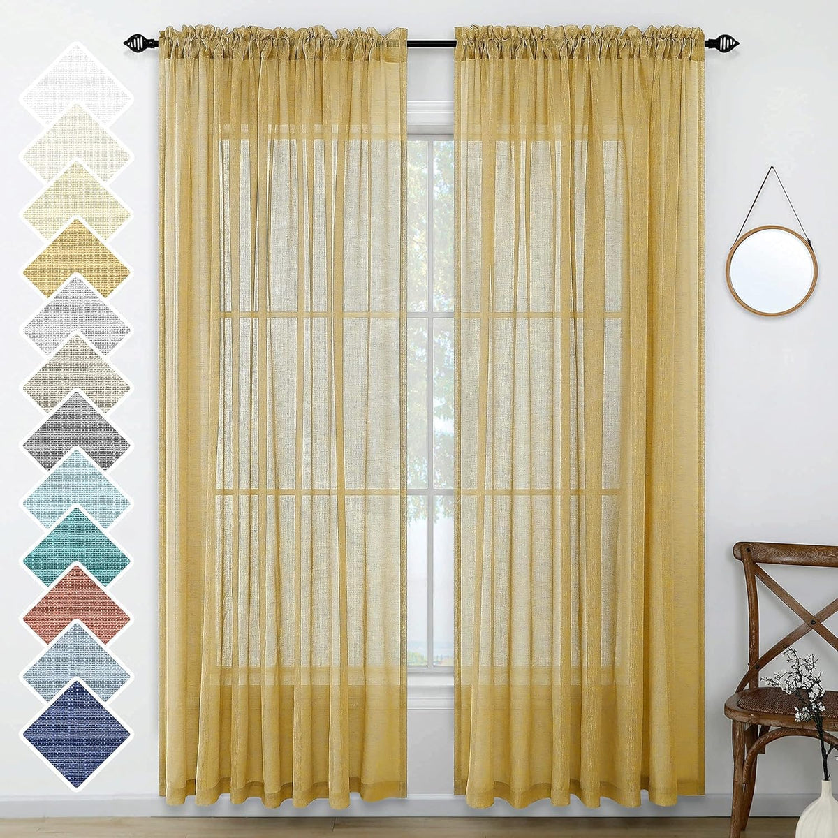 Navy Blue Semi Sheer Faux Linen Rod Pocket Curtains 84 Inch Set of 2 Panels J573360