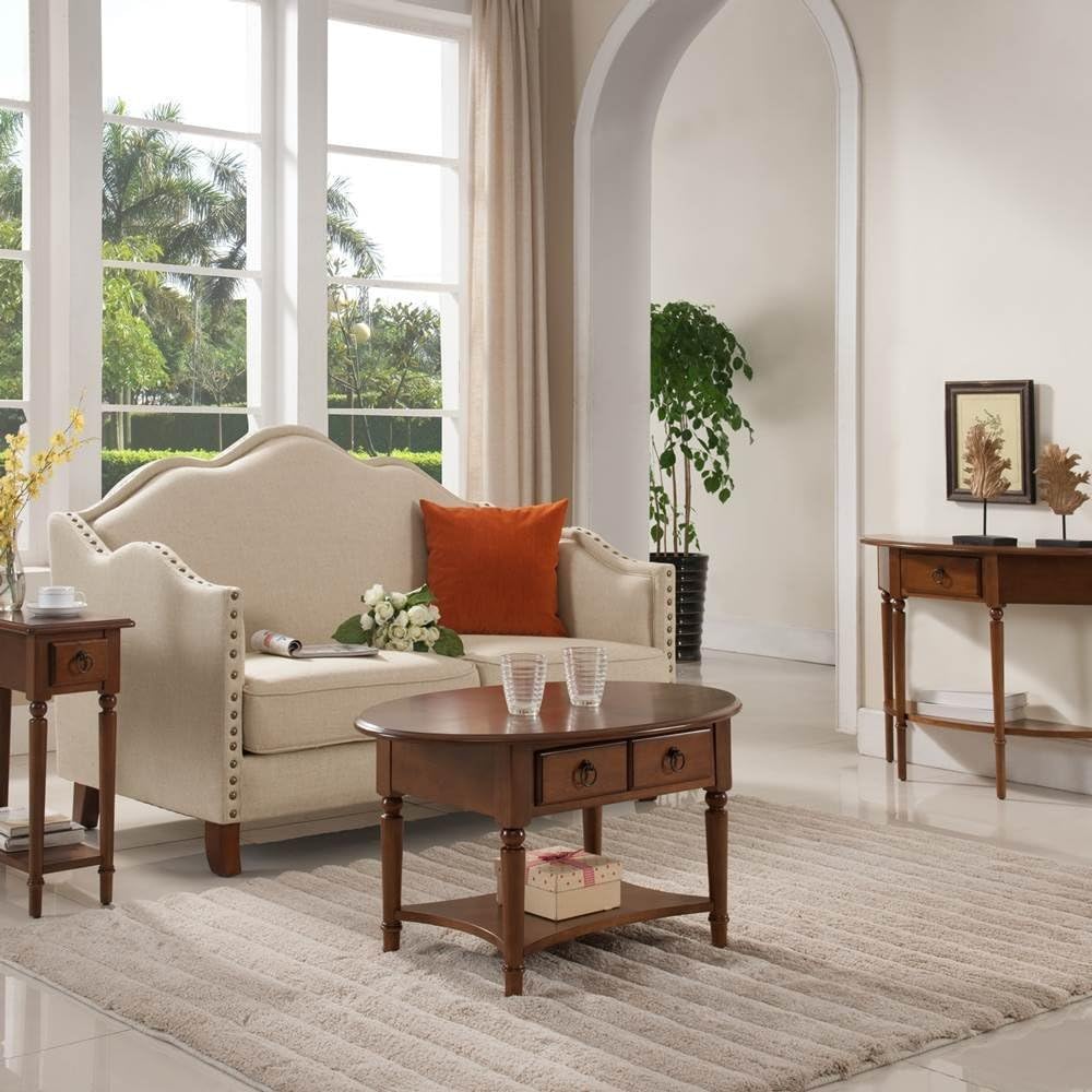 Coastal Oval Coffee Table with Shelf, Pecan F648