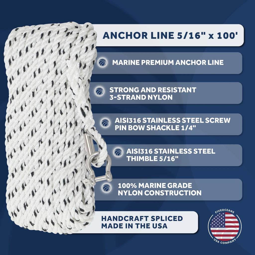 5/16 inch x 100 ft 3-Strand White Nylon Anchor Rope Line with Stainless Steel Thimble and Schakle B699