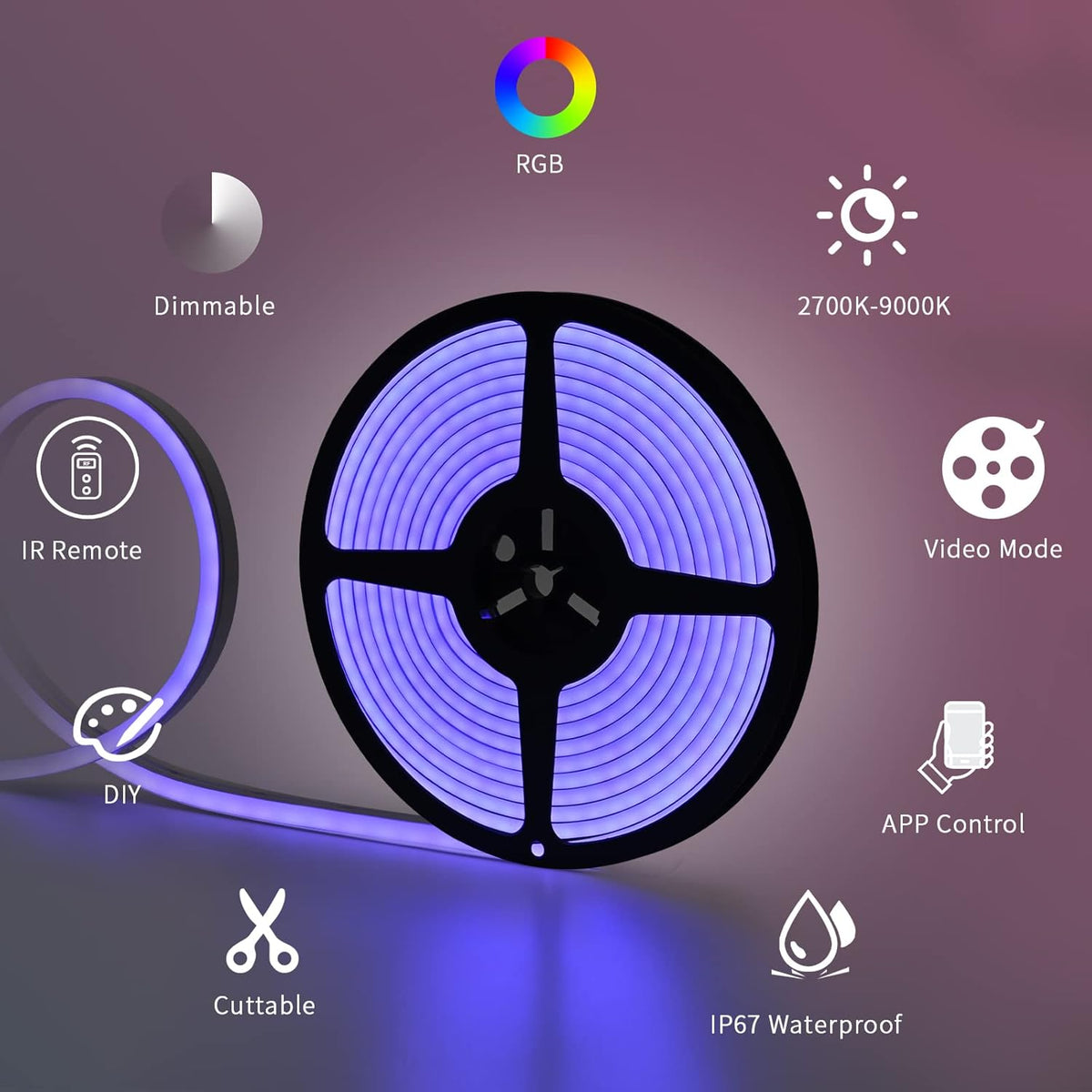 16.4ft RGB LED Strip Lights with Smart App Control, IP67 Waterproof Dimmable Silicone Light Strip B542209