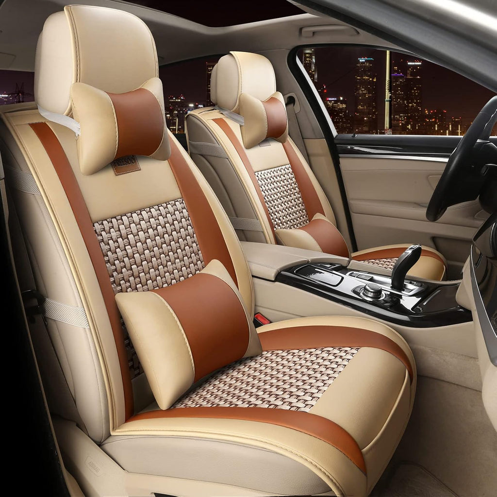 Khaki Black Leather Car Seat Cover Full Set Universal for 5 Seats X697299