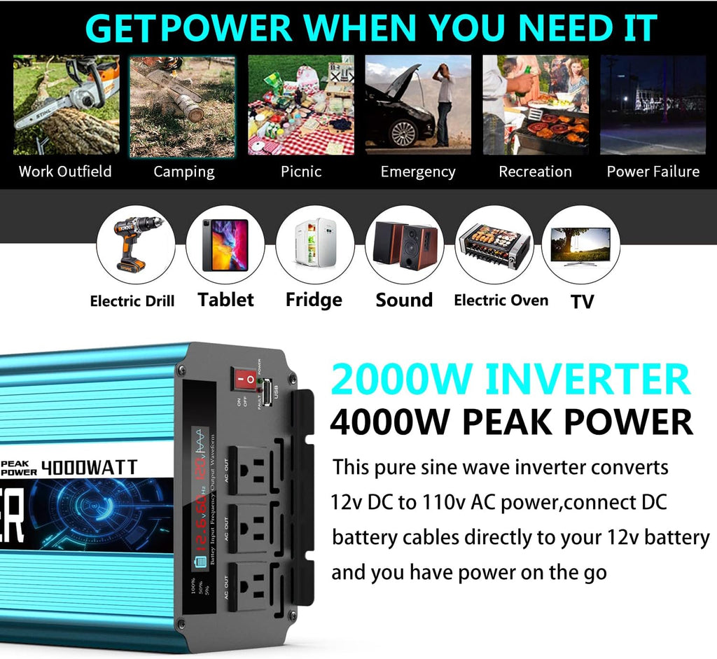 2000W Pure Sine Wave Power Inverter 12V DC to AC 110V/120V Converter with LCD Display Y867242
