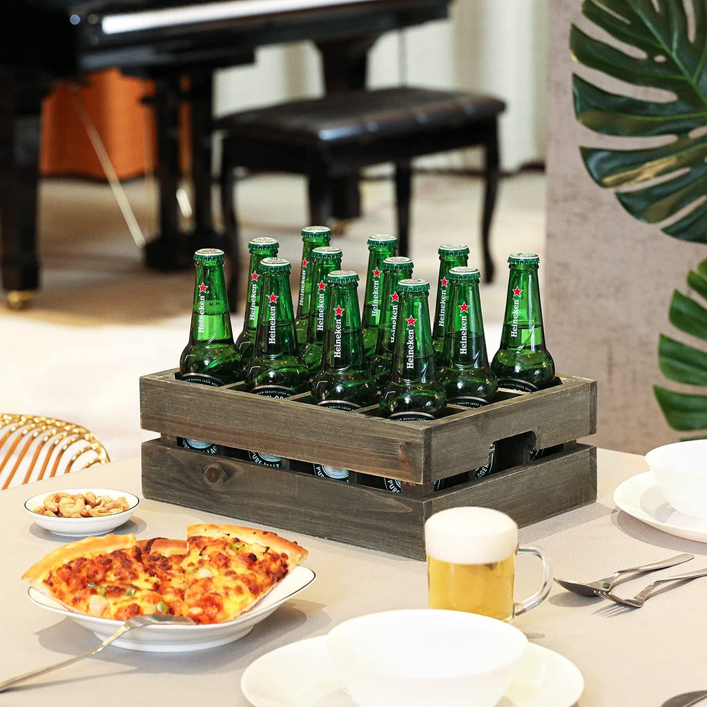 Wooden Crate Drink Carrier, Gray Wood 12 Bottle Holder Storage Crate with Handles, Pack of 2 N1136