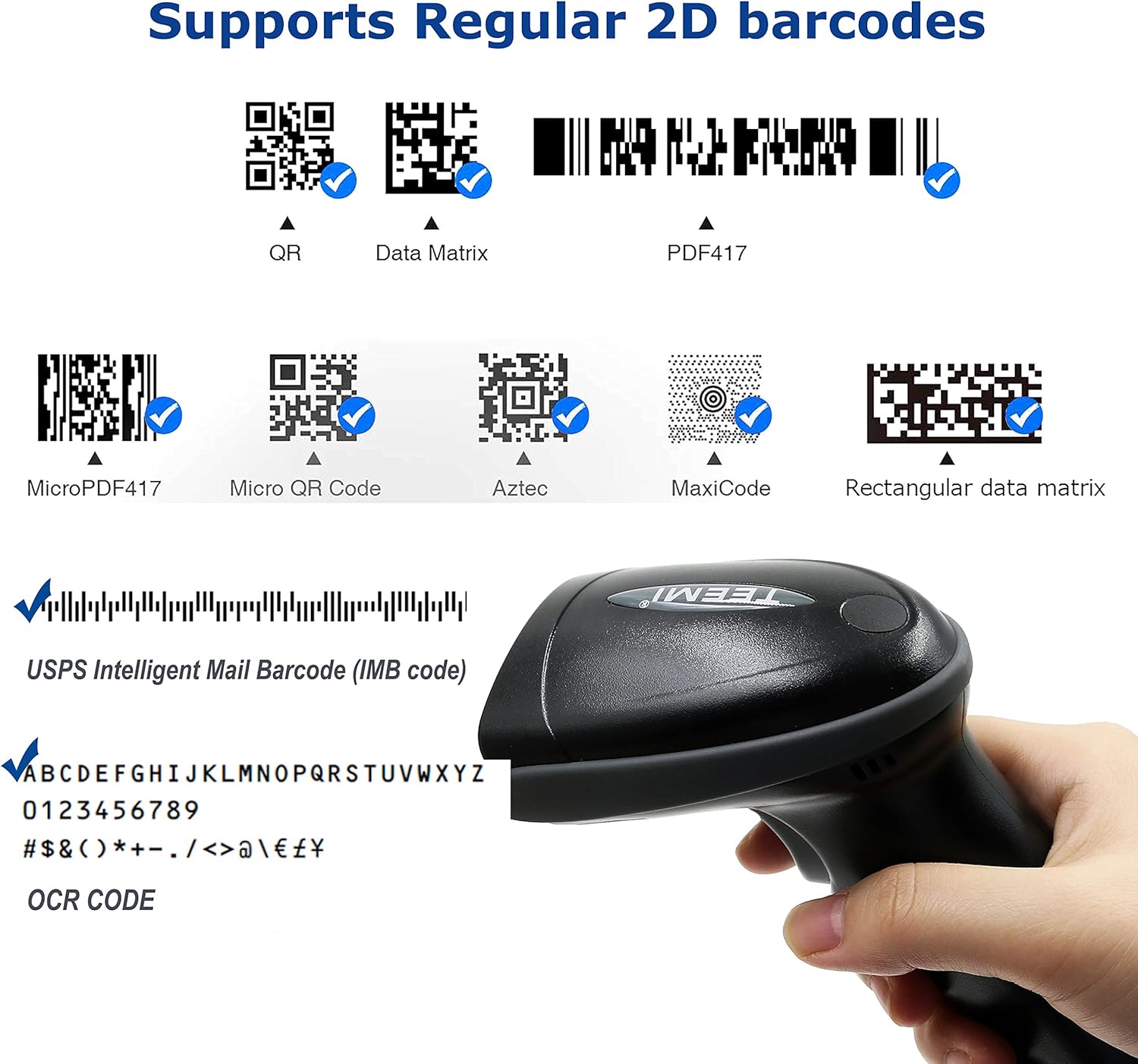 1D 2D Bluetooth Barcode Scanner with USB Cradle Charge Station G7301