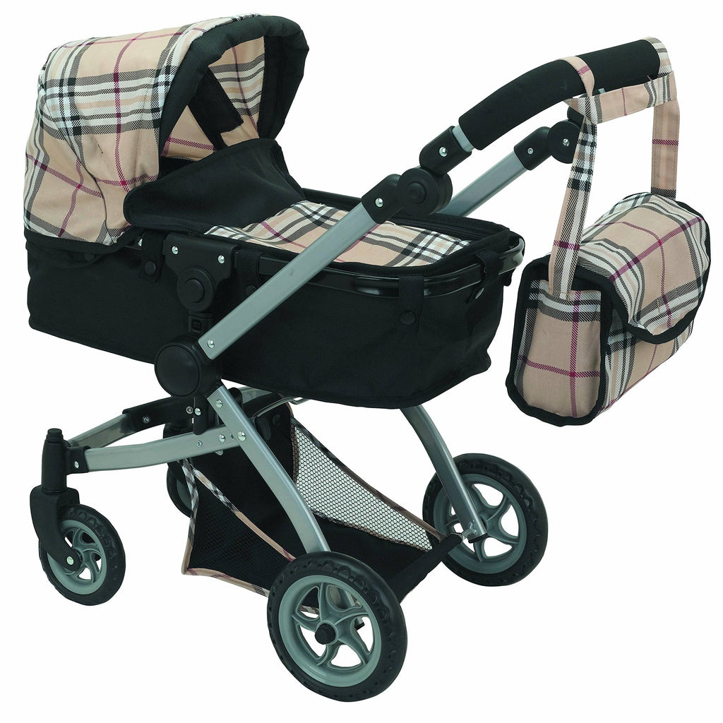 Beige Plaid Doll Pram with Swiveling Wheels and Adjustable Handle D557531