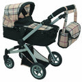 Beige Plaid Doll Pram with Swiveling Wheels and Adjustable Handle D557531