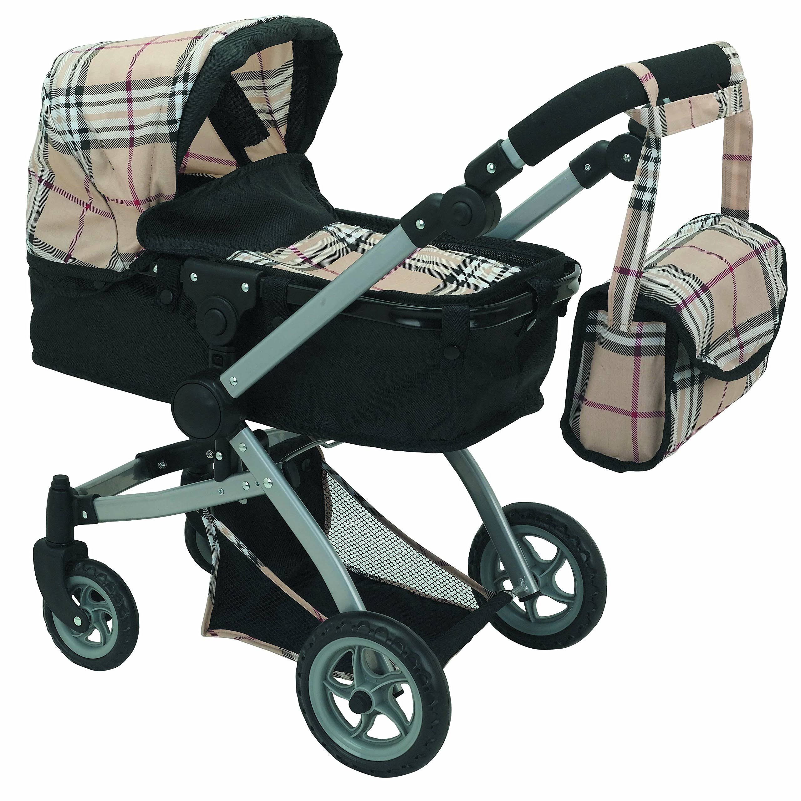 Beige Plaid Doll Pram with Swiveling Wheels and Adjustable Handle D557531