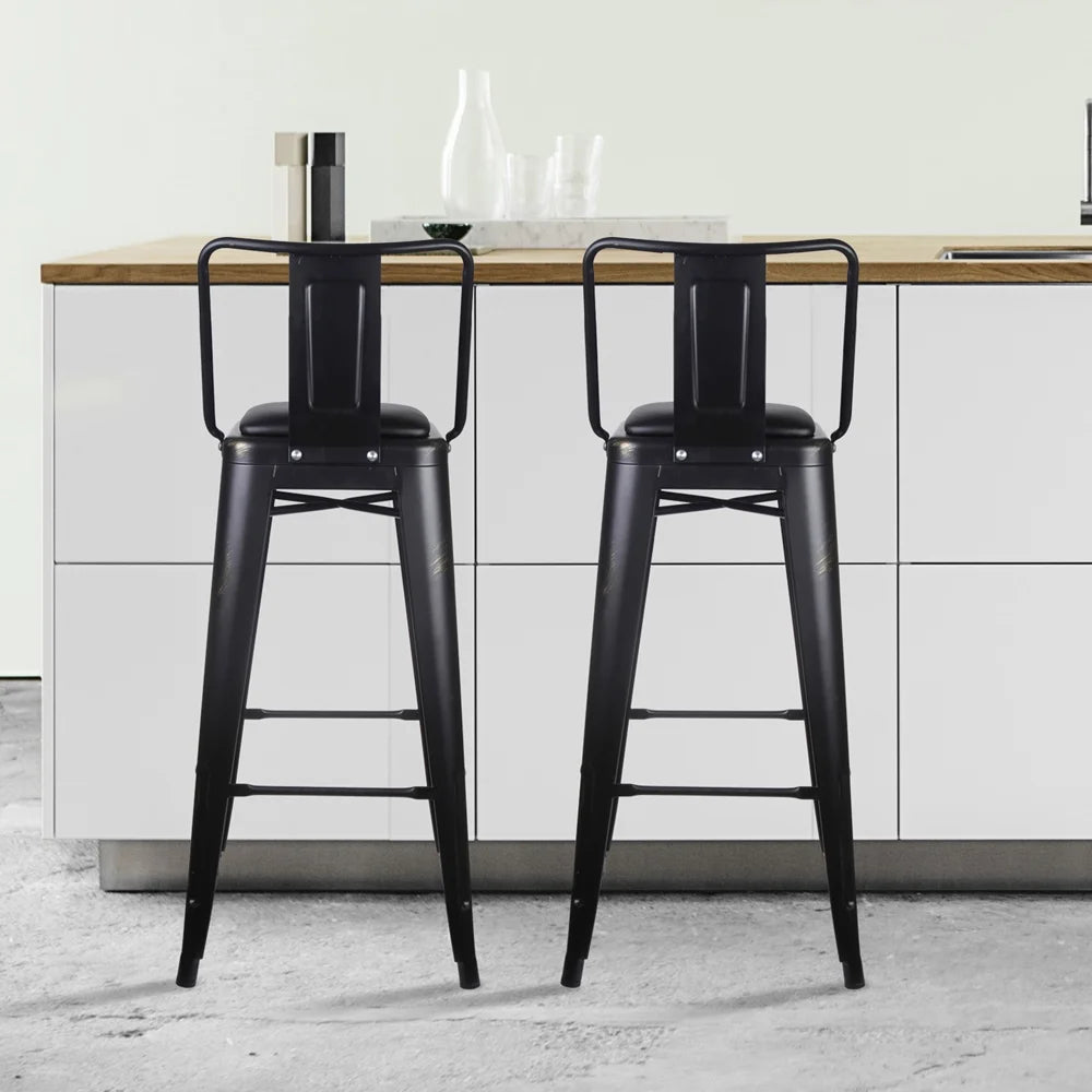 Black Metal Bar Stools with Vegan Leather Seat, Set of 6 D57238