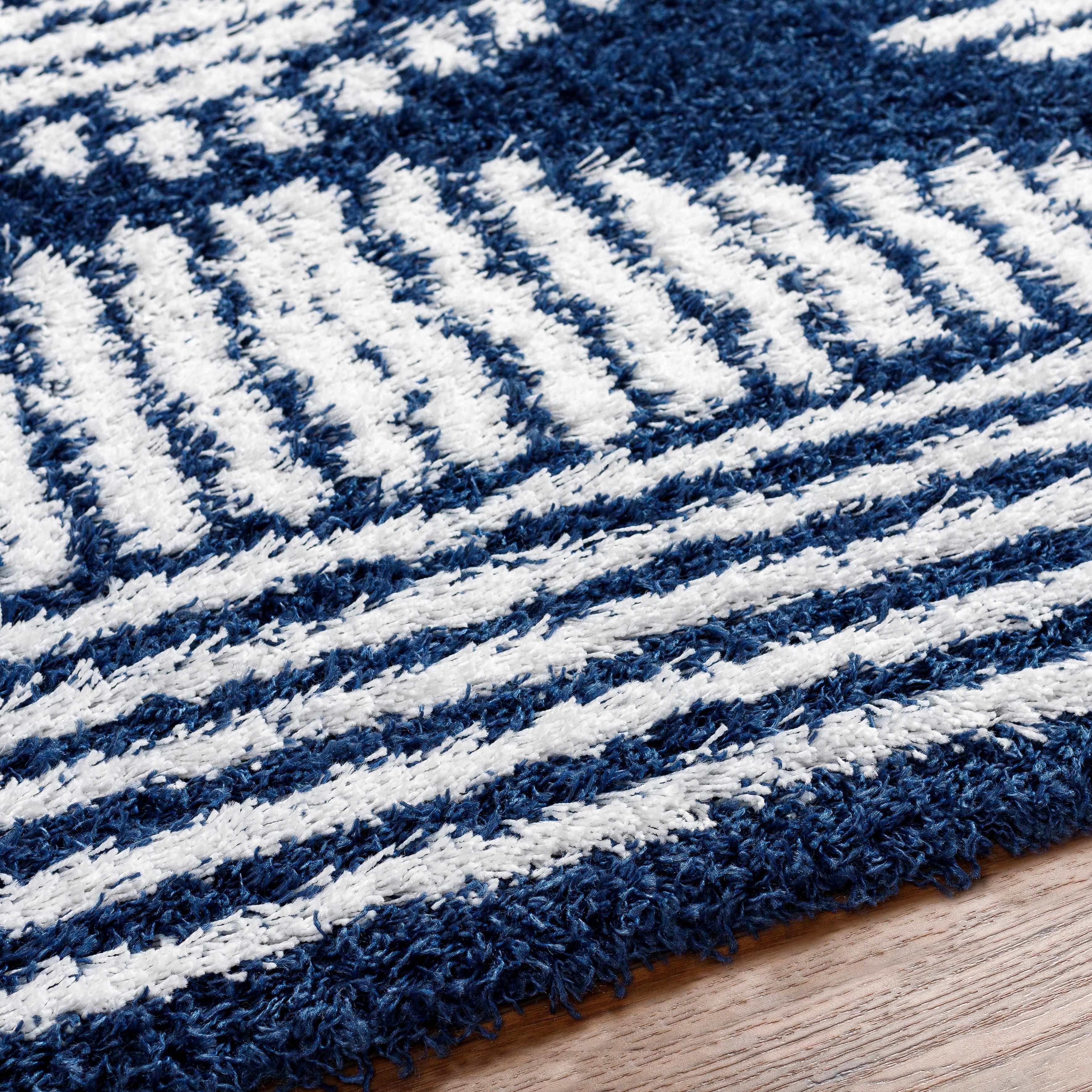 Blue Grey Off White Shag Area Rug X387345