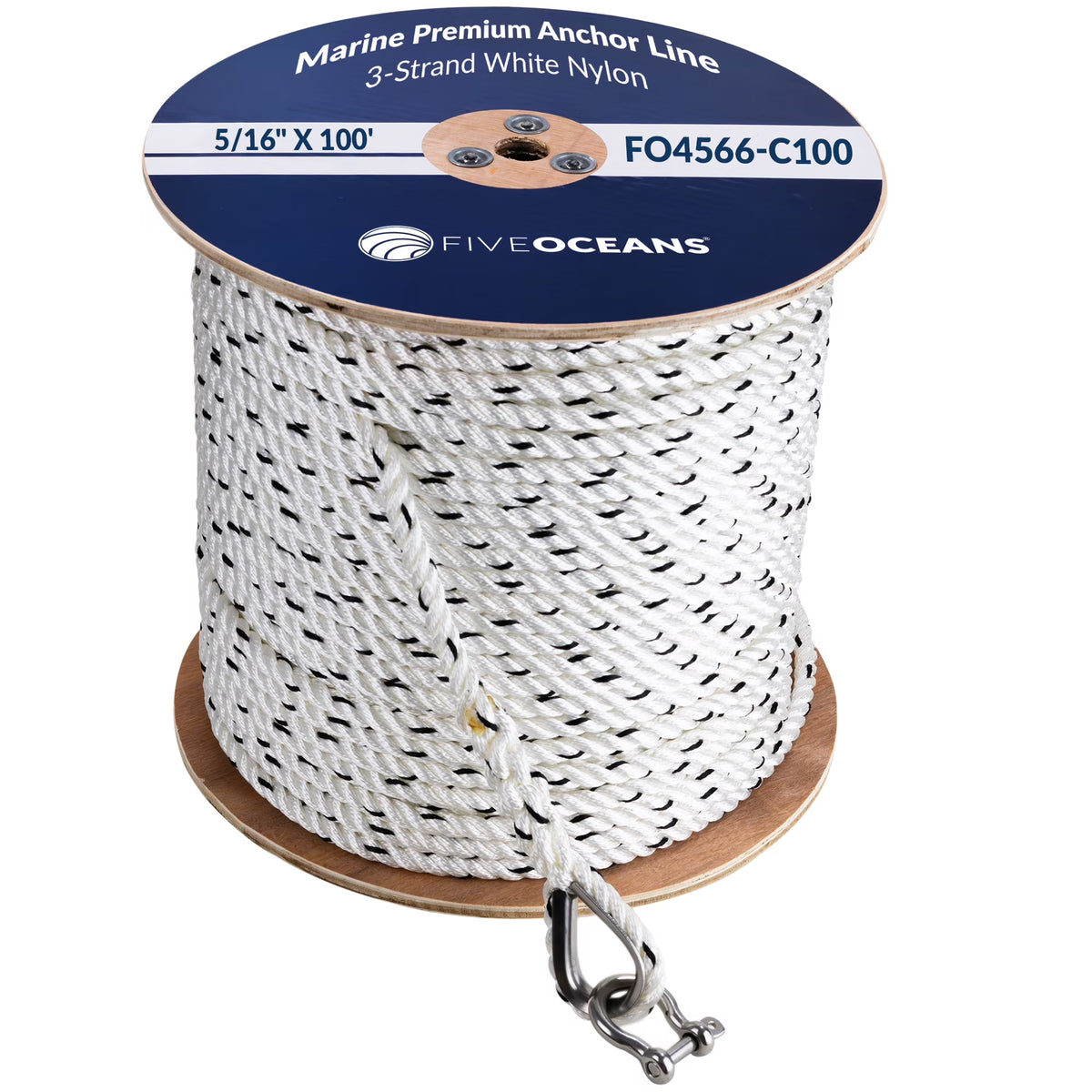 5/16 inch x 100 ft 3-Strand White Nylon Anchor Rope Line with Stainless Steel Thimble and Schakle B699
