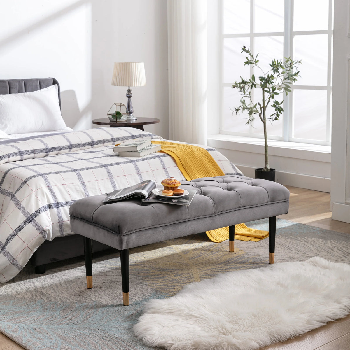 Gray Velvet Upholstered Ottoman Bench R712676