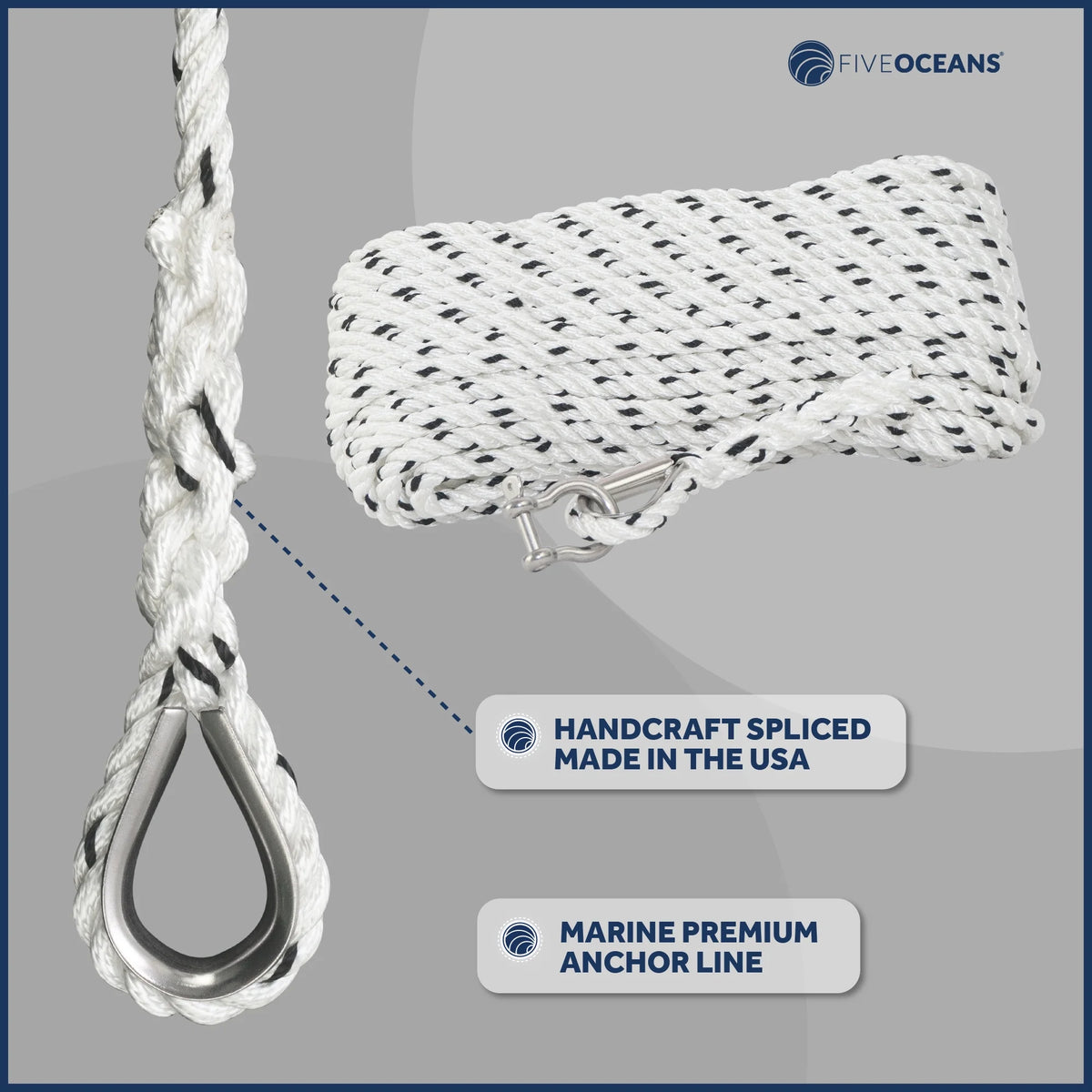 5/16 inch x 100 ft 3-Strand White Nylon Anchor Rope Line with Stainless Steel Thimble and Schakle B699