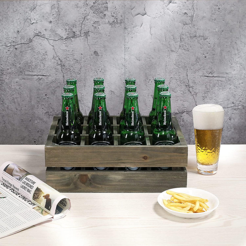 Wooden Crate Drink Carrier, Gray Wood 12 Bottle Holder Storage Crate with Handles, Pack of 2 N1136