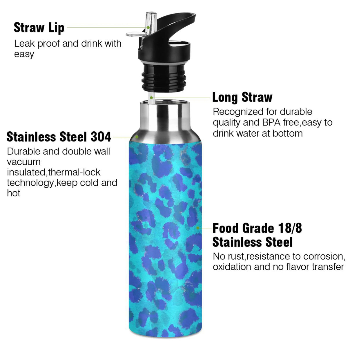 Blue Leopard Stainless Steel Insulated Water Bottle with Straw Lid M941