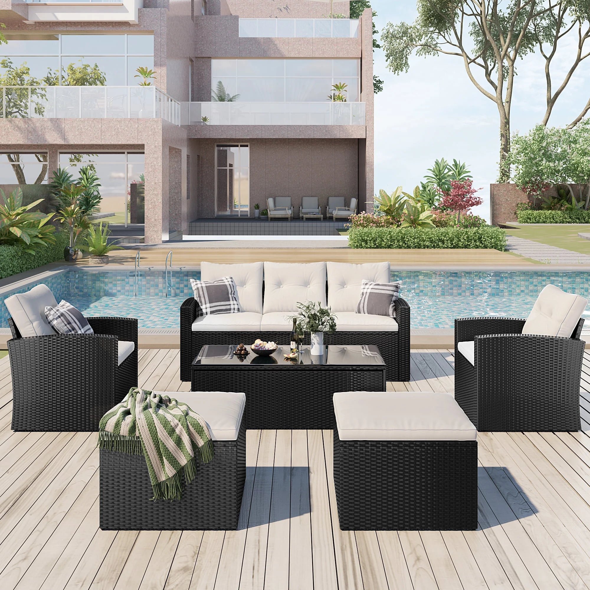 Black Wicker Patio Outdoor Sectional Set with Coffee Table and Removable Cushions Z7076