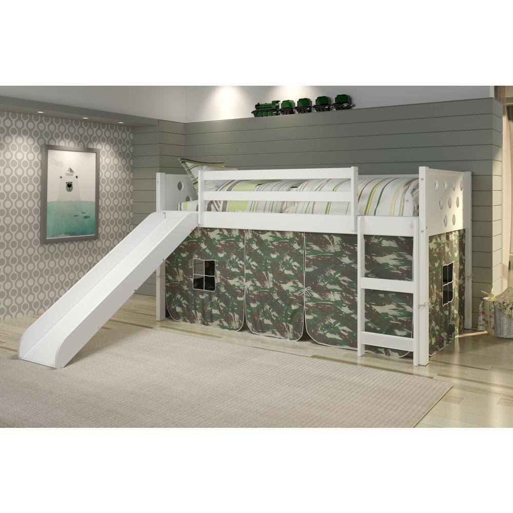 White Twin Circles Low Loft Bed with Slide and Camo Tent Kit U1315