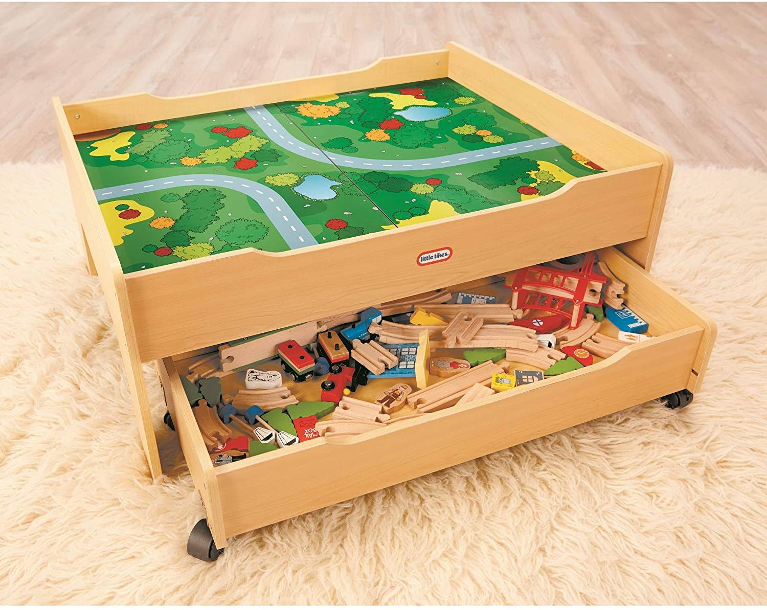 Deluxe Over 80 Piece Hand Painted Wooden Train Table Set with Tracks, Trains & Accessories E75051