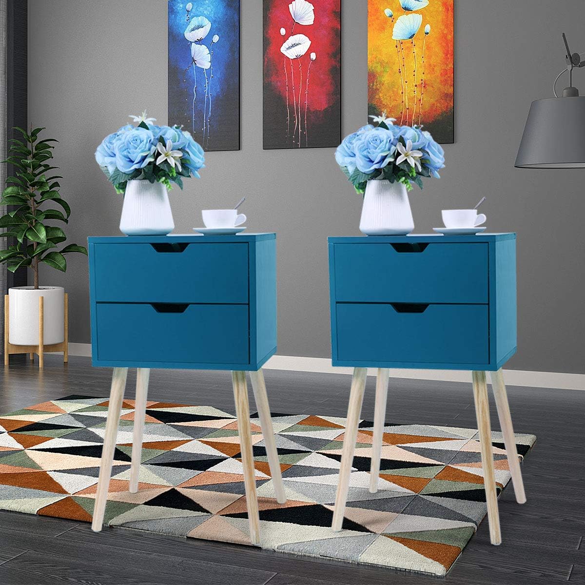 Set of 2 White & Walnut 2 Drawer Wood Nightstand K540505