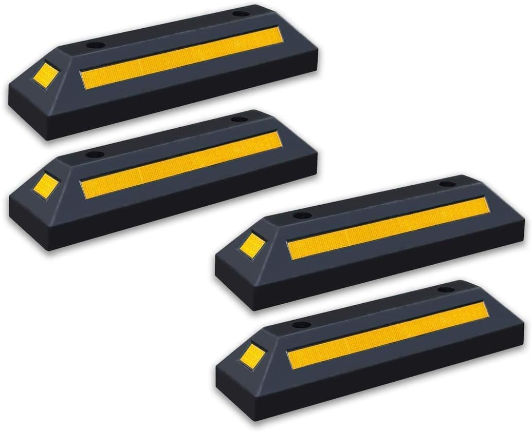 Black Rubber Parking Curb with Yellow Reflective Stripes, 4 Pack I291