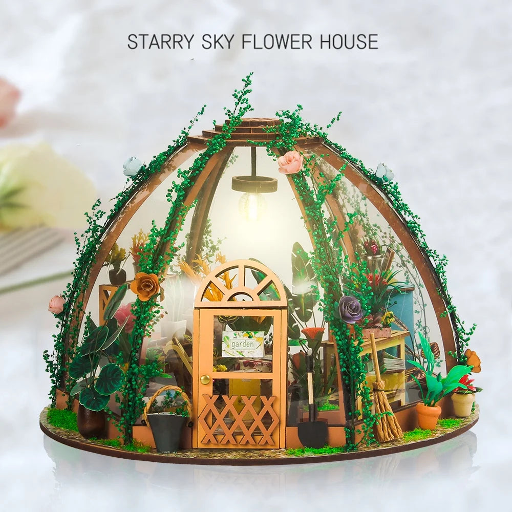 DIY Miniature Dollhouse Kit Wooden Flower Green House with LED Light U96628