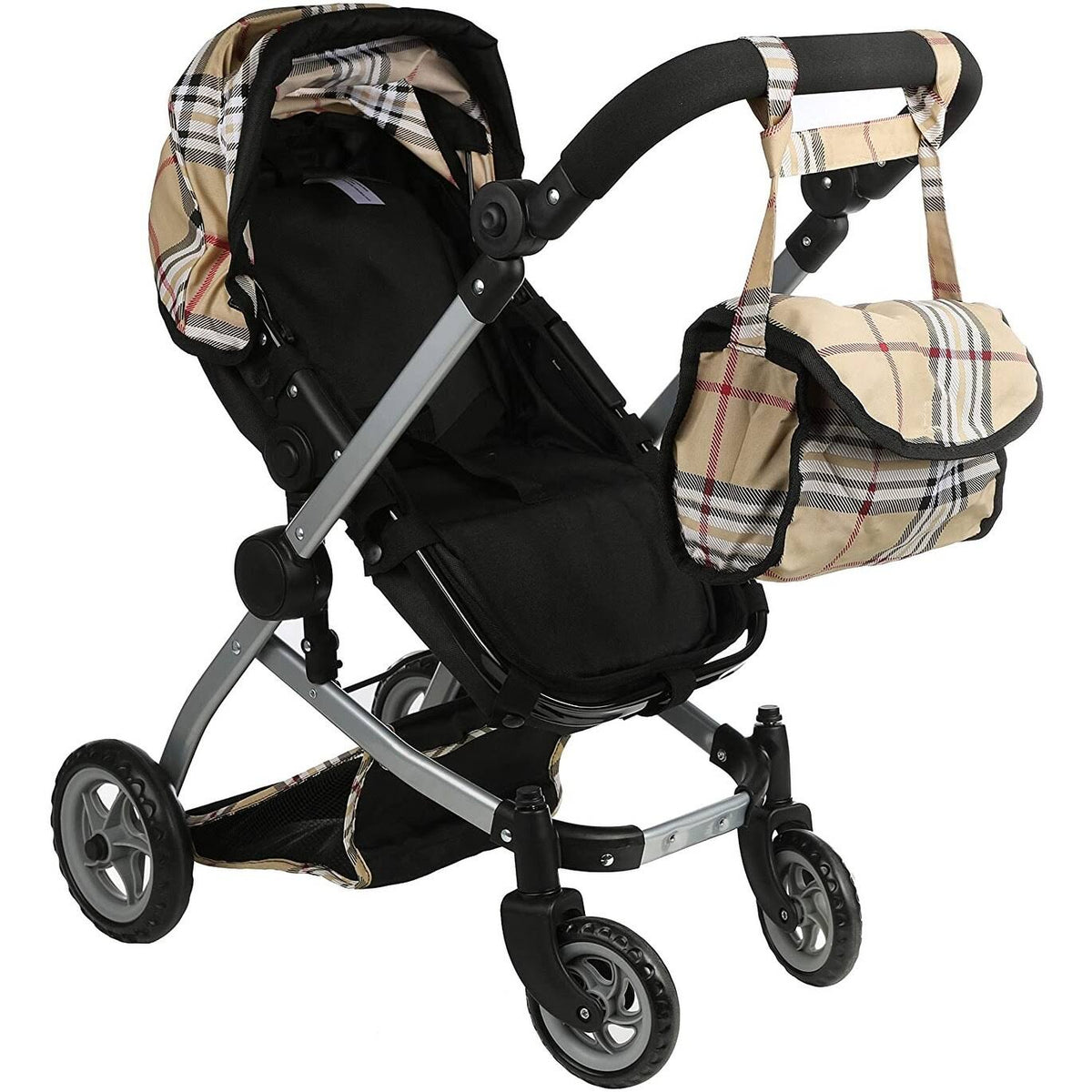 Beige Plaid Doll Pram with Swiveling Wheels and Adjustable Handle D557531
