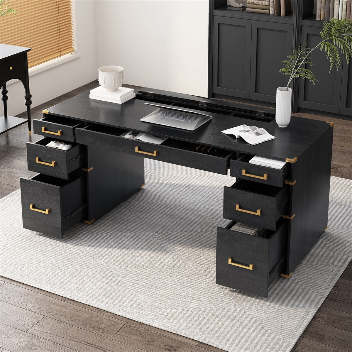 Black Executive Writing Desk with Drawers J976505