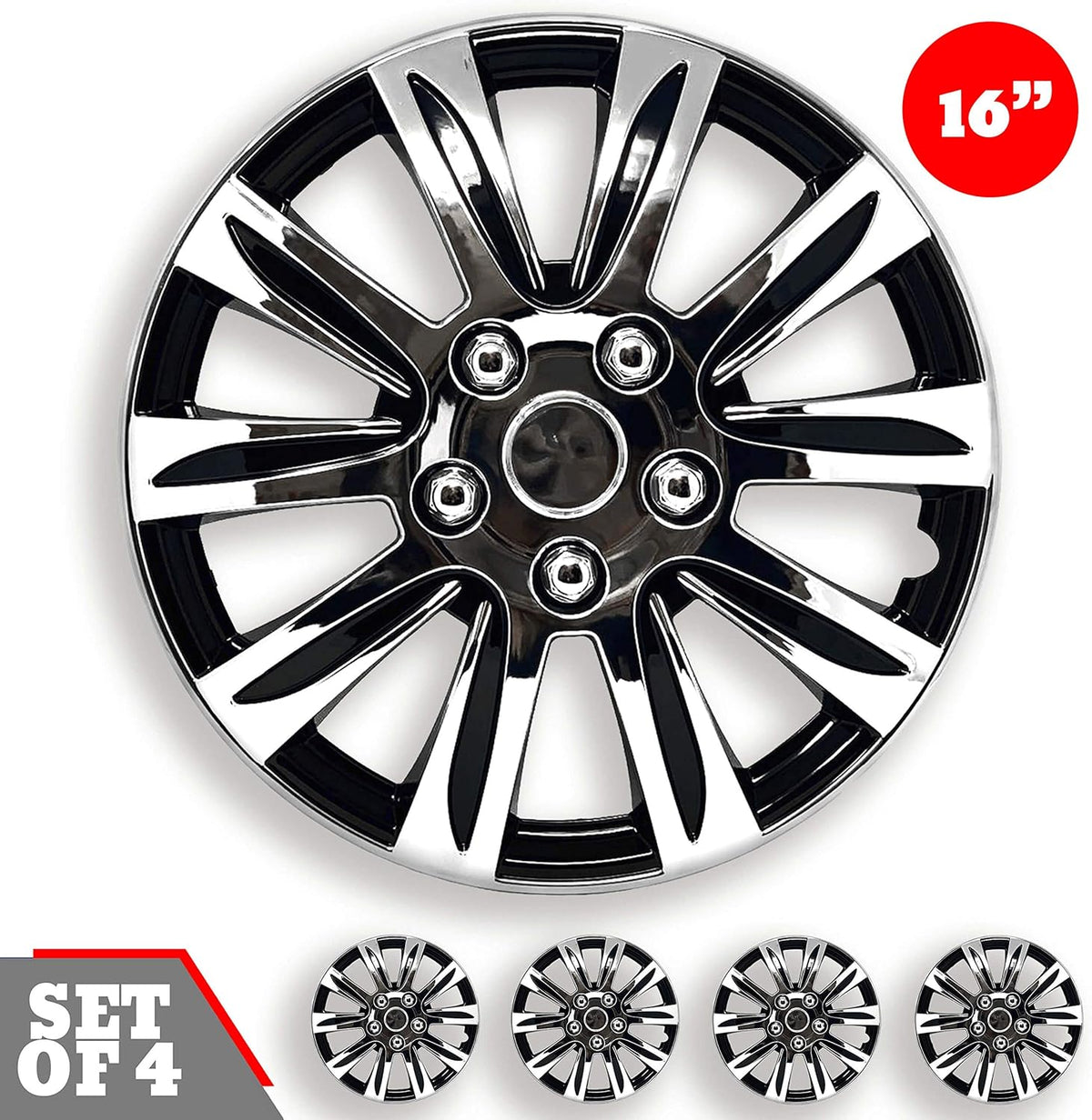 Chrome and Black 15-Inch Set of 4 Car Wheel Hubcaps C37447