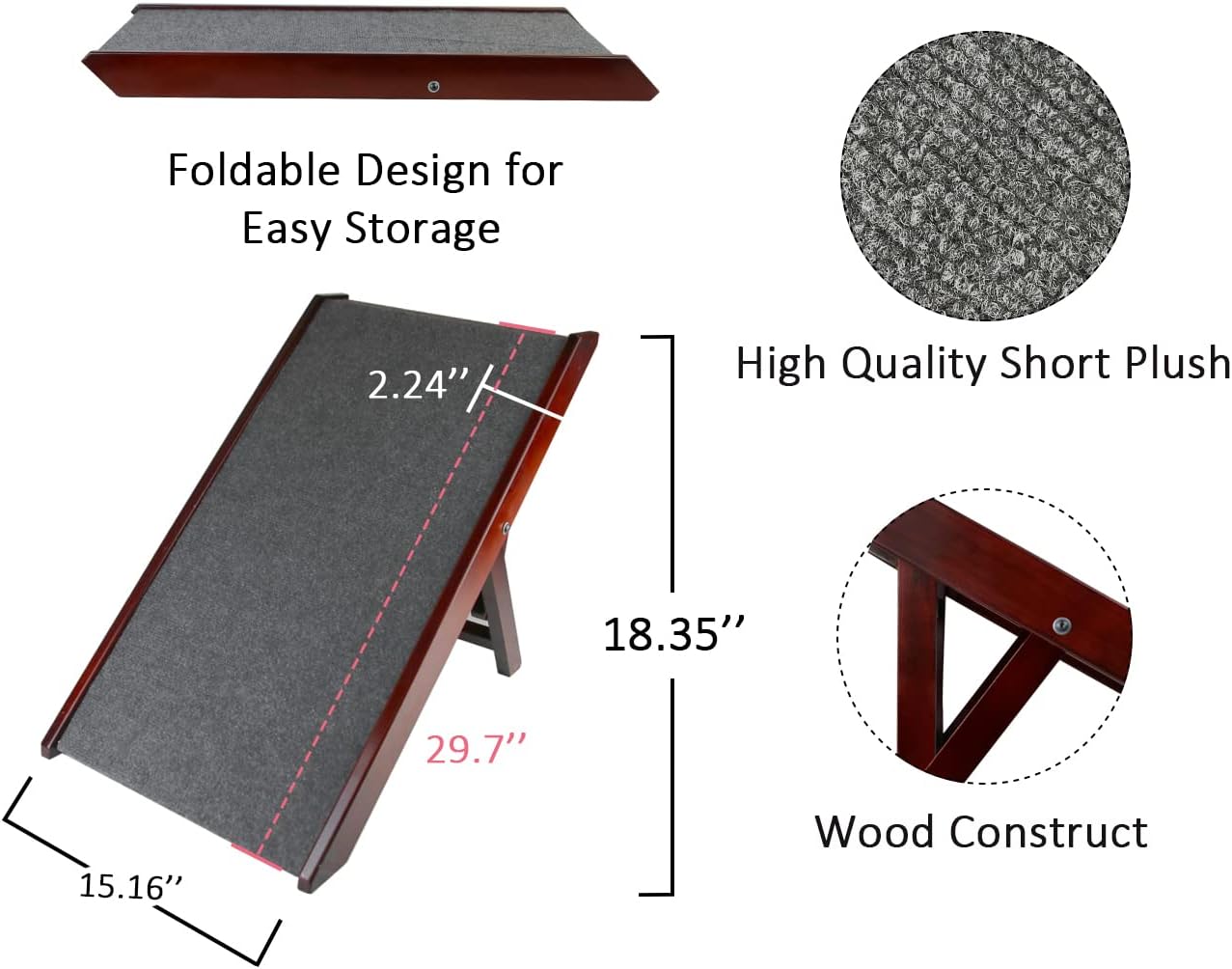 Wooden Collapsible Pet Ramp with Non-Slip Carpet for Small Dogs B693