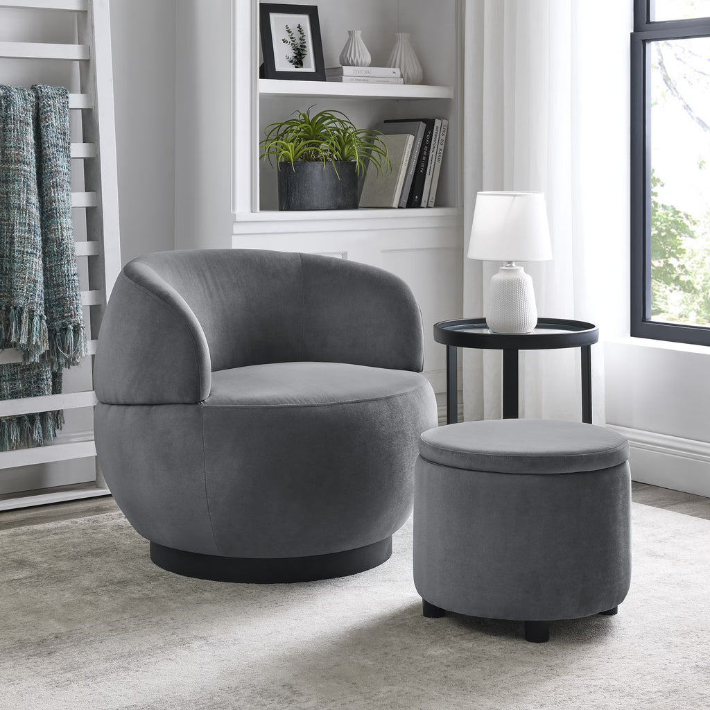 Grey Velvet Barrel Chair with Storage Ottoman U914
